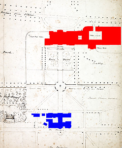 The relative positions of old house (blue) and its replacement (red)
